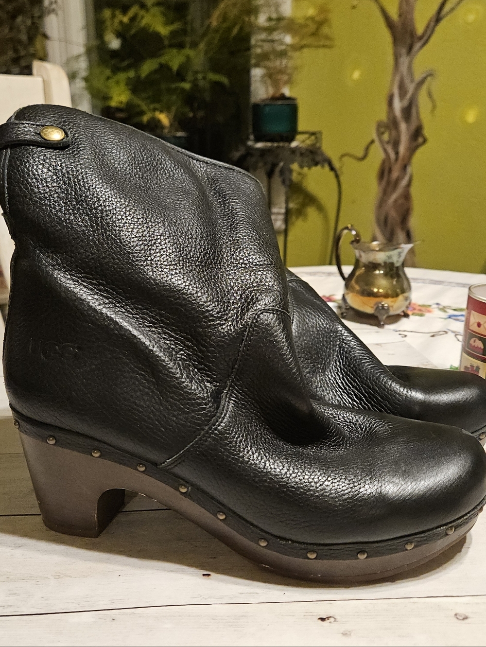 UGG Black Leather Studded Clog Booties